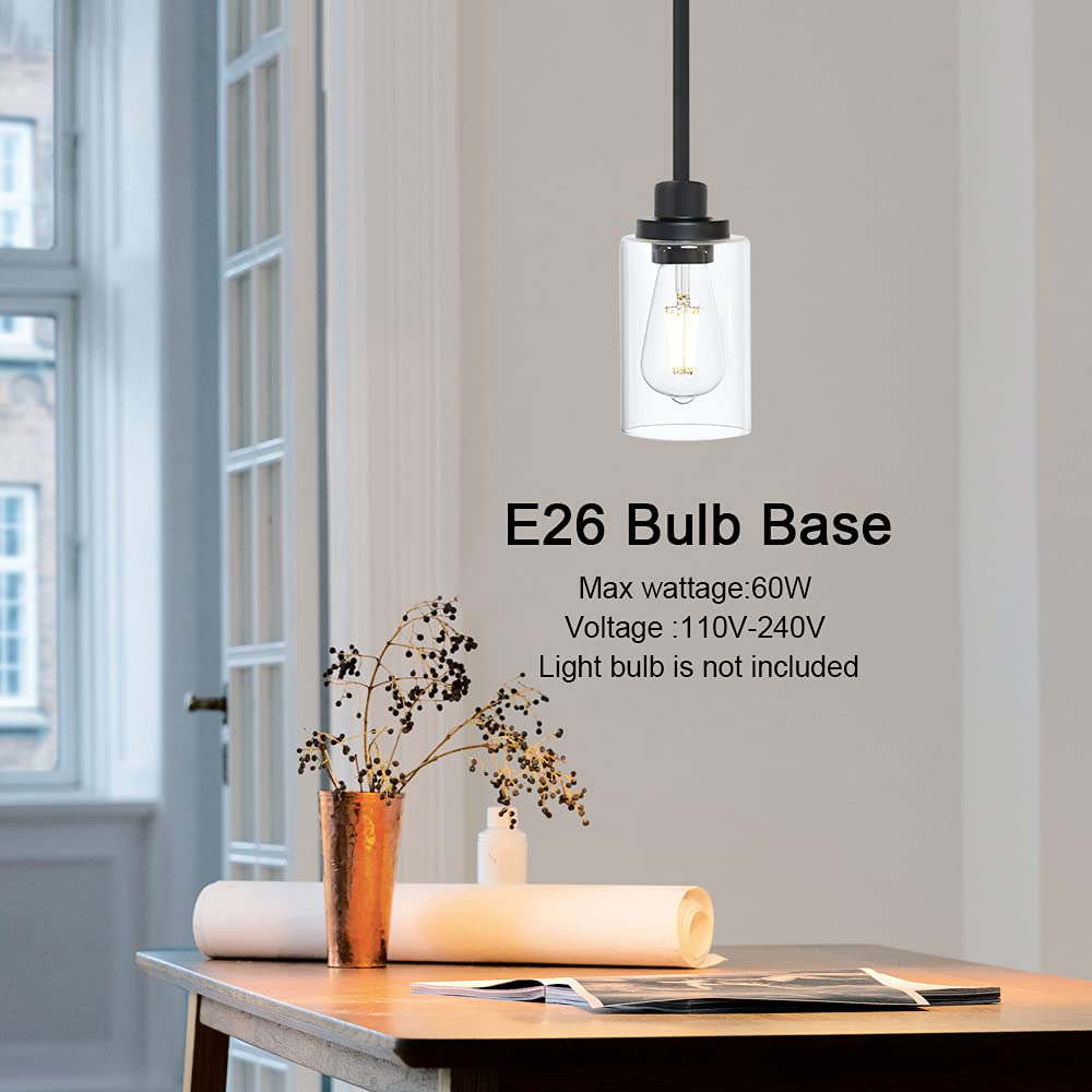 TODOLUZ Black Industrial Pendant Light Fixture, 1-Light Metal with Clear Glass Cylinder Shade for Kitchen and Dining Room