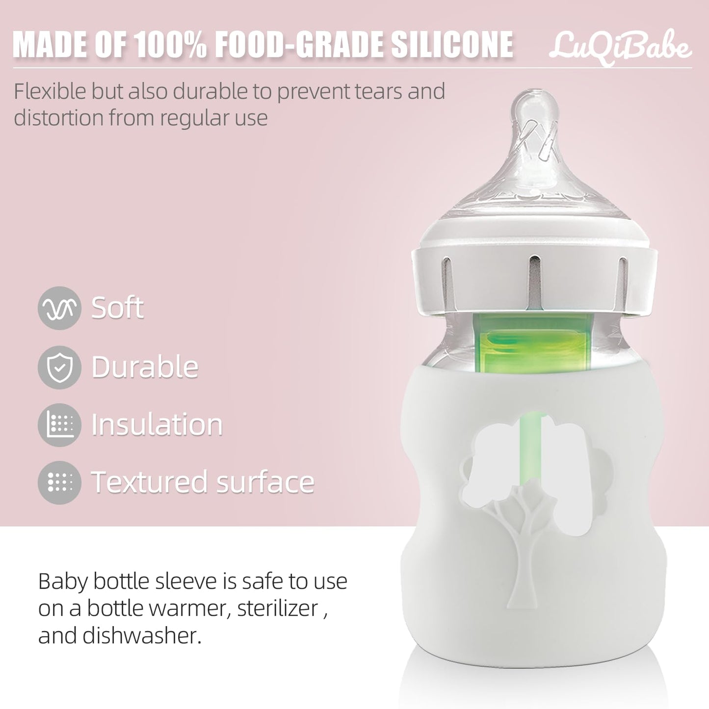 LuQiBabe (2-Pack, 5 oz) Silicone Baby Bottle Sleeves Compatible with Dr. Brown's Natural Glass Bottles Dishwasher-Safe Anti-Colic Baby Bottle Covers for Dr. Brown Wide-Neck Glass Bottles