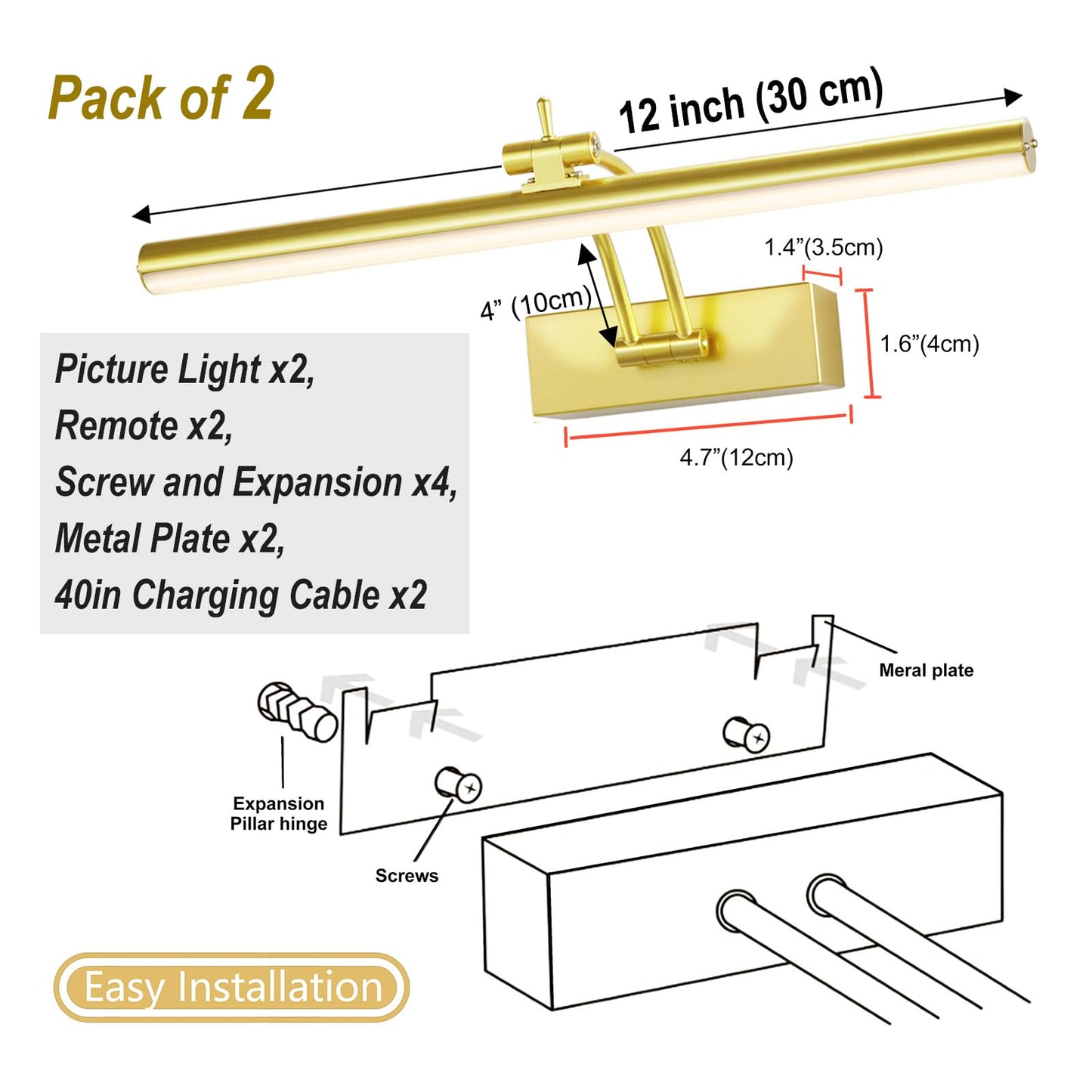 Yuichoy 2 Pack Picture Lights For Wall Battery Operated  12 Inch Wireless Art Lighting For discomfort-reducingting  6 Colors Picture Frame Lights With Remote  4200Mah Gallery Light  Gold