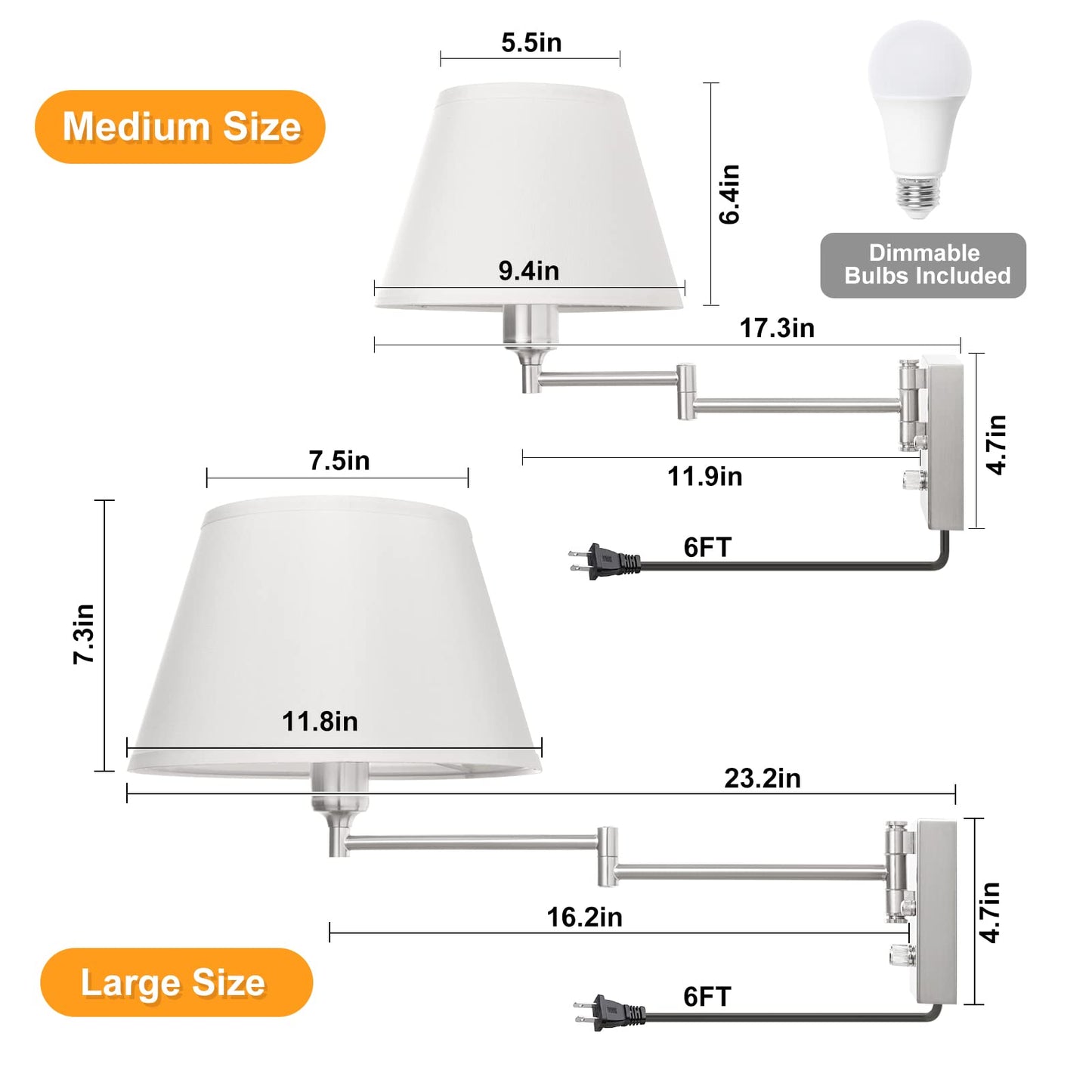 TRLIFE Dimmable Wall Sconce with Remote Control, Adjustable 2700K-6500K, Large White Fabric Shade, Model BYsconce-L-ReWhi, 2 Pack