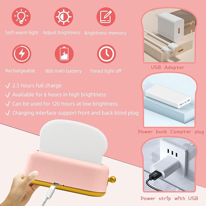 Cute Desk Decor Toaster Lamp, Kawaii Accessories Small LED Night Light for Kids Teen Girls, Room Decor Toast Lamp for Bedroom, Bedside, Living Room Aesthetic Stuff,Gift