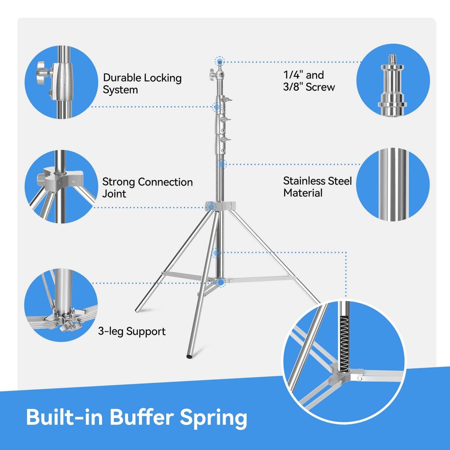 Heavy Duty Light Stand Photography 13.1ft/157", Stainless Steel Photography Light Stand Tripod with Spring Cushioned,1/4" 3/8" Universal Screw, Fit for Strobe,Video Light, Softbox, Reflective Umbrella