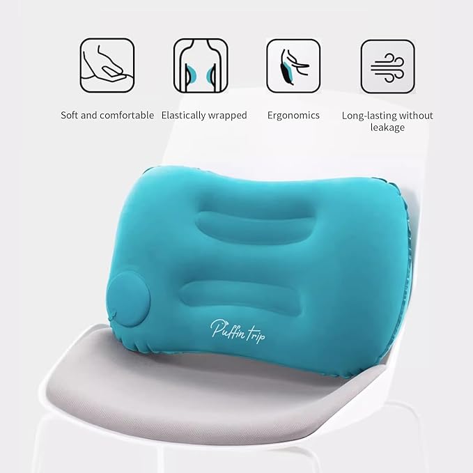 Ultralight Inflatable Travel Pillow Press to Inflate Compressible Ergonomic Neck and Lumbar Support While Camping Driving Sleeping Grey