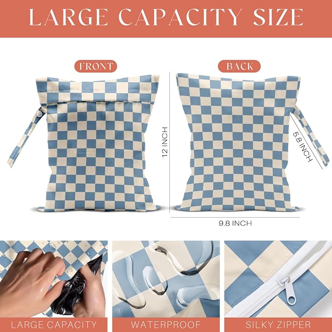 4 Pack Cute Wet Bag Waterproof Washable Reusable Wet Dry Bag for Swimsuit Dirty Clothes Diaper Travel Pool Sport Gym Christmas Birthday Party Camping Toiletries Beach Essentials, Colorful Checkered