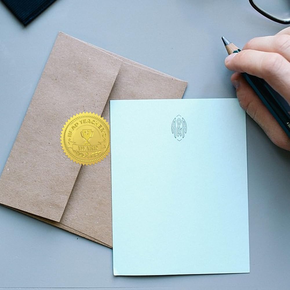 Peacoblue Gold Foil Stickers Seals Official Embossed 2 Inch 100Pcs Best Head Teacher Award, Self Adhesive Gold Around Embossing Medal Stickers for Certificate Paper, Achievements and Awards, Envelope