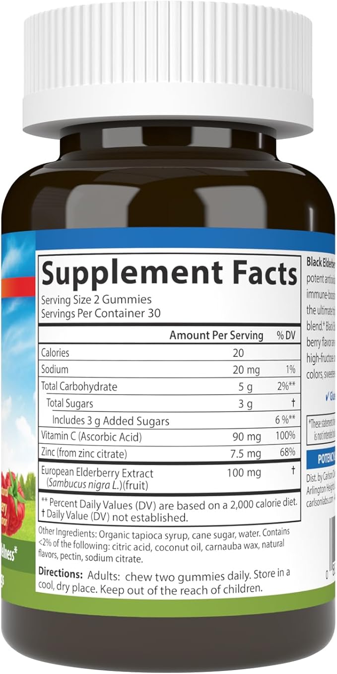 Carlson - Black Elderberry Gummies, with Vitamin C & Zinc, Immune Support, 60 Gummies