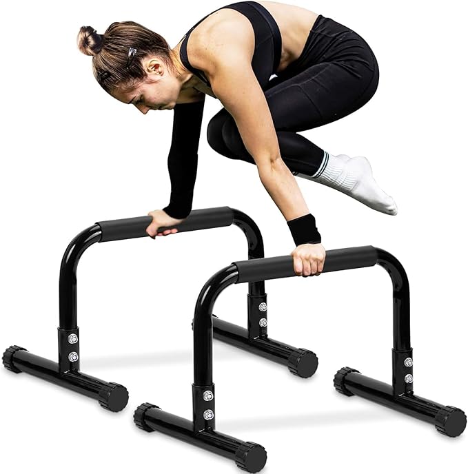 TABEKE Push Up Bar, 14'' High Steel Parallettes & Dip Bar with Full Coverage Foam Handle, Heavy-Duty Calisthenics Parallel...