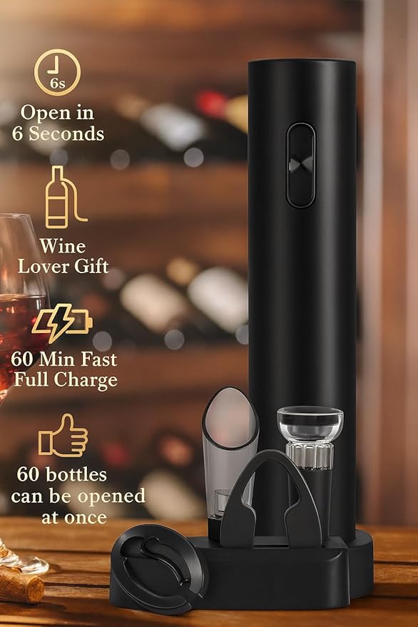 5 in 1 AA Battery Operated Electric Wine Opener Set – Automatic Wine Bottle Opener with Storage Base, Vacuum Stopper, Foil Cutter & Aerator Pourer and Easy Cork Removal