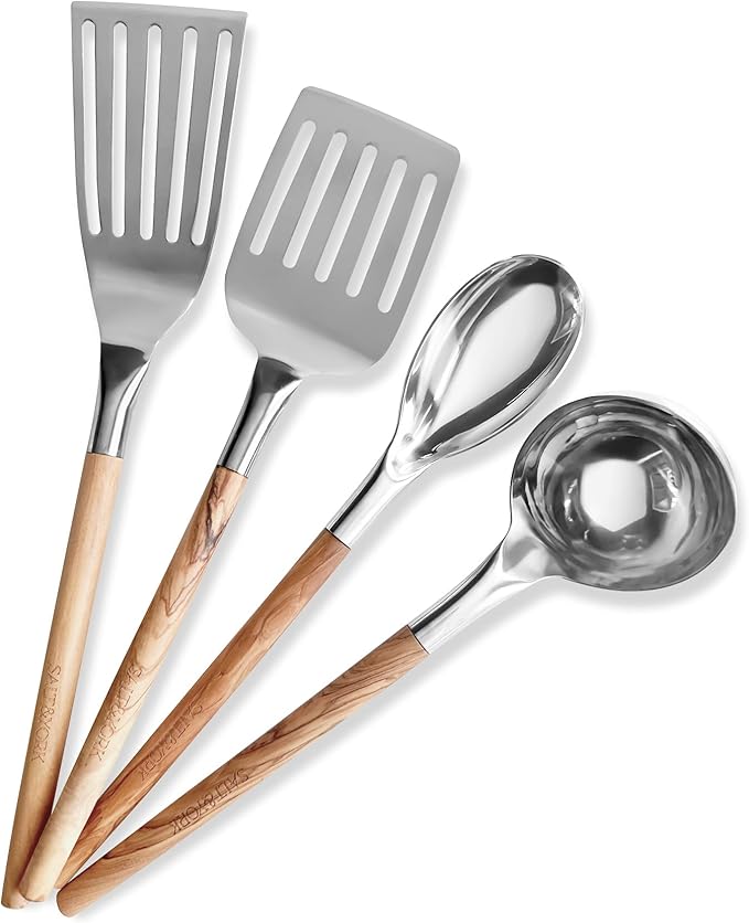 Premium Cooking Utensil Set – Salt & York 4-Piece Stainless Steel Non-toxic Kitchen Tools with Handcrafted Wooden Handles – Spatula, Ladle, Spoon – Gift for Home Cooks, Kitchen Gift