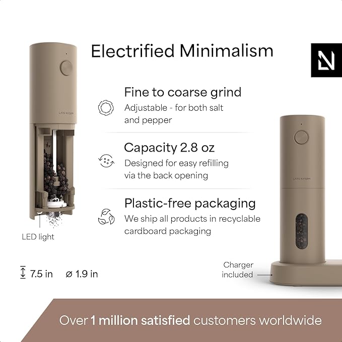 LARS NYSØM Electric Salt and Pepper Grinder Set, USB Rechargeable, Automatic Salt and Pepper Mills, Spice Shakers Refillable with LED Light, Adjustable Coarseness, Ceramic Grinder (Taupe Brown)
