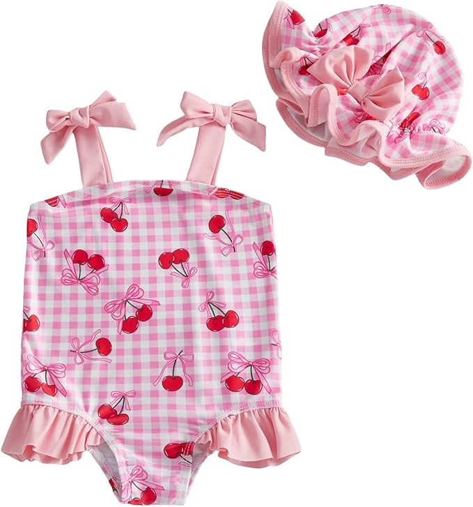 BSaogr Infant Girl Onepiece Swimsuit Cute Printed Sleeveless Ruffle Romper Beach Wear Bathing Suit with Swim Cap
