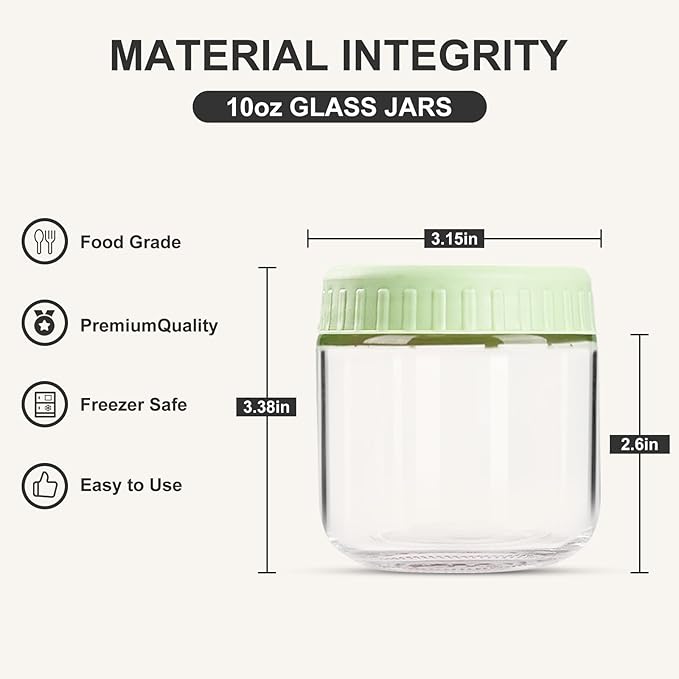 Overnight Oats Containers with Lids, 10oz Glass Jars with Lids 2 pcs, Light Green, Wide Mouth Mason jars for Salad, Yogurt, Snacks, Meal Prep