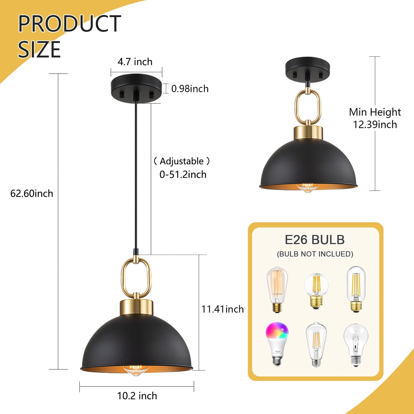 Tinhon Farmhouse Pendant Light Fixture, 10.2In Metal Hanging Light, Black/Gold, Adjustable Height, Vintage Shade, 2 Pack