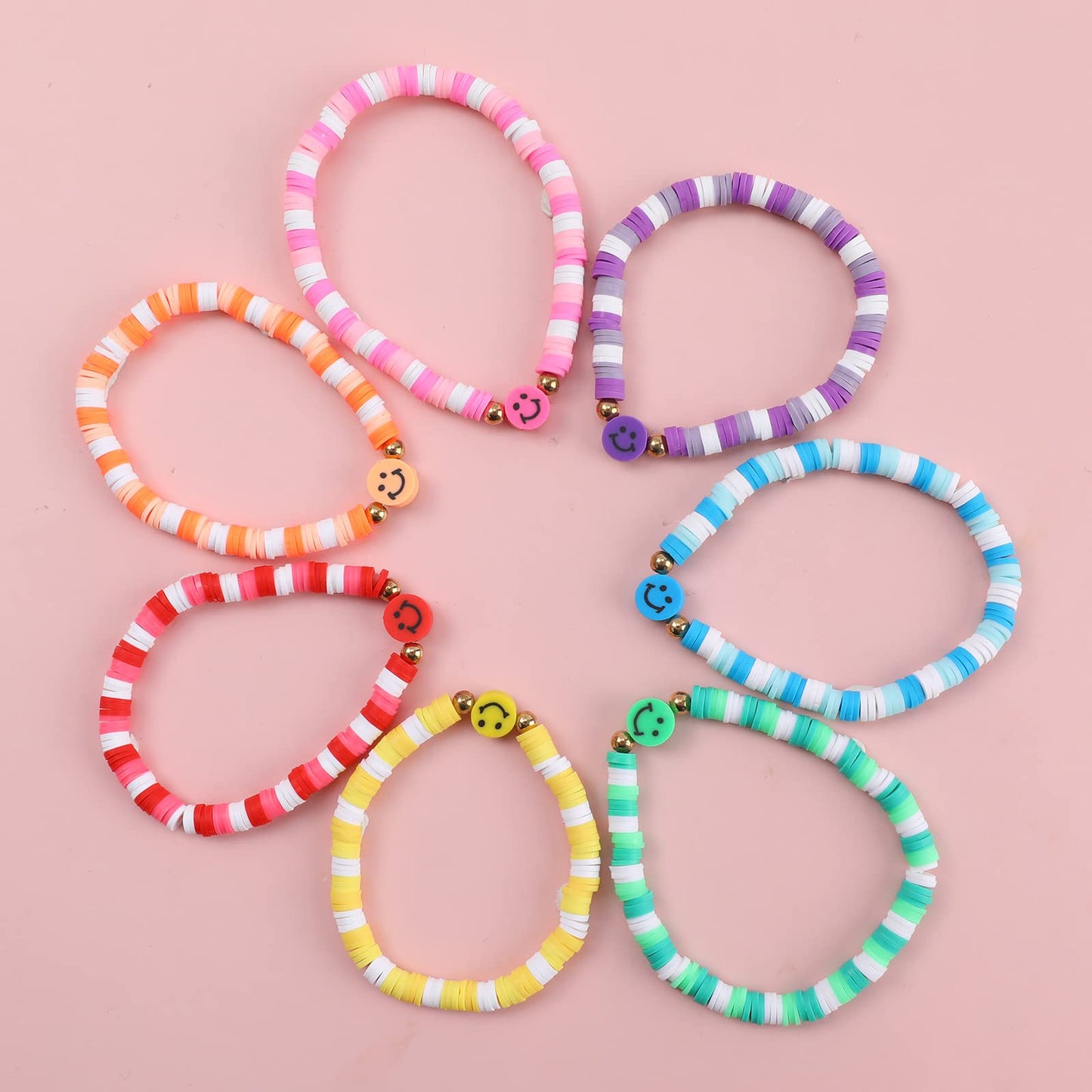 Rainbow Beaded Bracelets for Women Colorful Smiley Face Bracelets Set Bohemian Stackable Stretch Elastic Surfer Heishi Clay Bead
