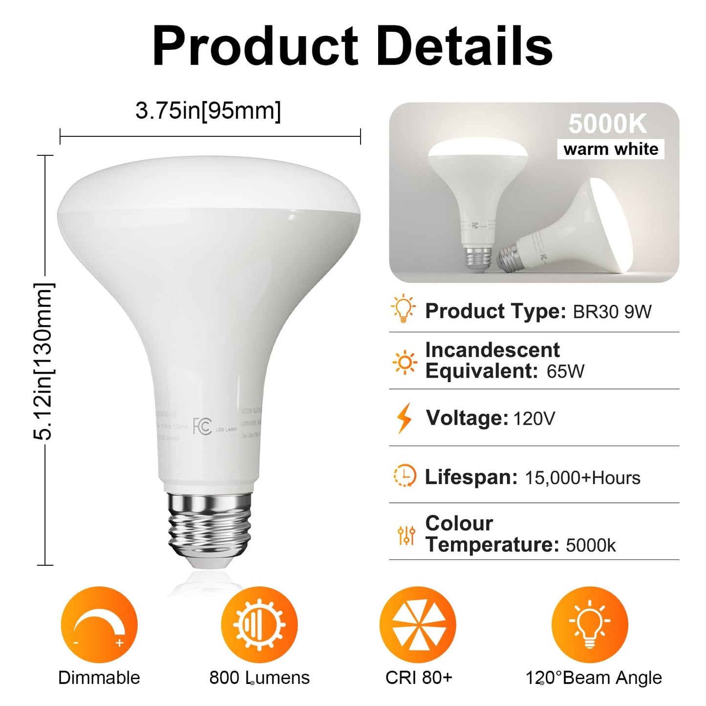 TJOY 12 Pack BR30 Led Bulb 65W Equivalent, Dimmable LED Flood Light Indoor, E26 Base, 5000K Daylight, 9W, 800 LM, Recessed Lighting Bulbs for Ceiling, Recessed Can, Living Room and Kitchen