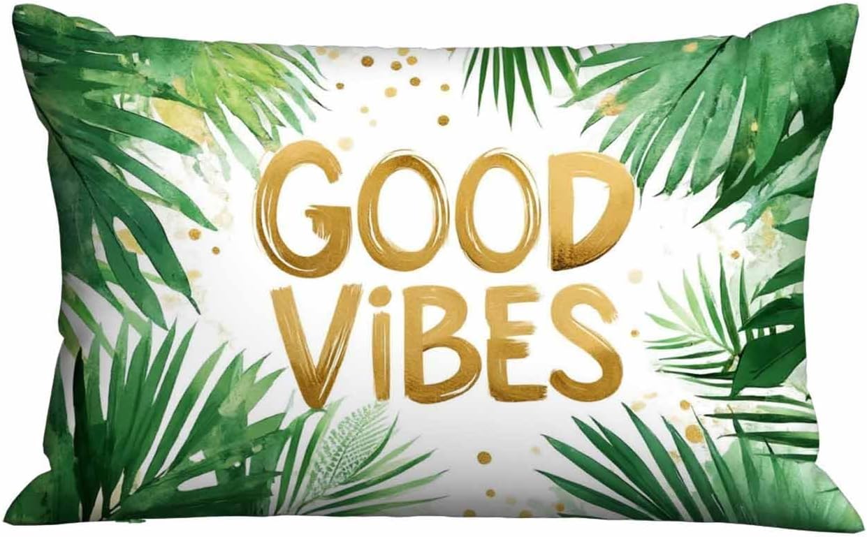 Mugod Rectangle Pillowcase Good Vibes with Green Tropical Palm Leaves,Throw Cushion Covers Rectangle Zipper Decor Sofa Couch Bedroom Living Room Home 20x30 Inches