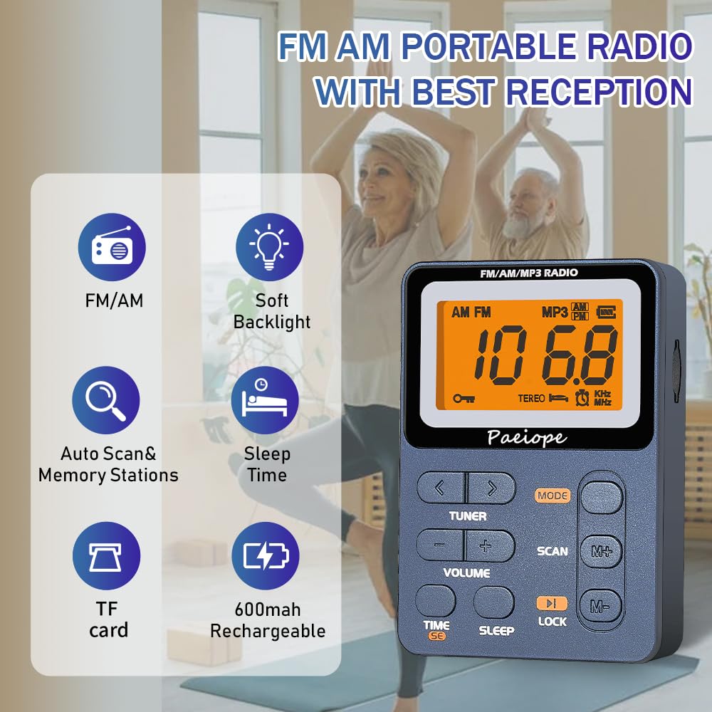 Paeiope Portable Radio Am Fm, Rechargeable Pocket Speaker With Best Reception Digital Tuning, Mp3, Stereo Earphone, Large Lcd Sc