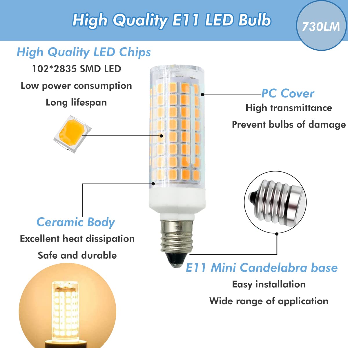 Zssxoled [Pack Of 8] E11 Led Bulb 7W Dimmable E11 Mini Candelabra Base 75W Halogen Equivalent  T3/T4 Jd E11 Led Light Bulb For Chandelier Cabinet Ceiling Fan Decorative Lighting Warm White 3000K