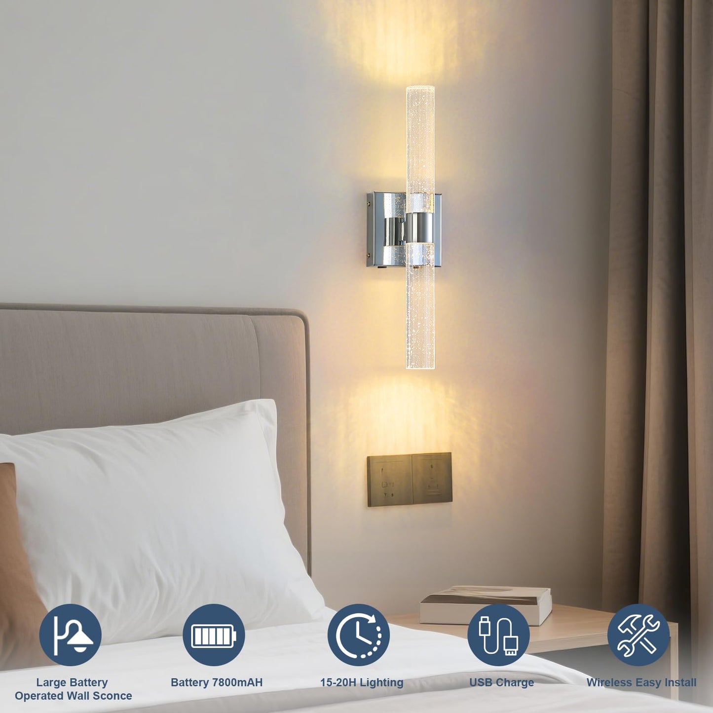 Hongren 17 Inch Chrome Battery Operated Wall Sconces Set Of Two Rechargeable Battery Powered Wall Light With Remote Control Led Dimmable Lamp Fixtures For Living Room Bedroom Hallway (2 Pack)