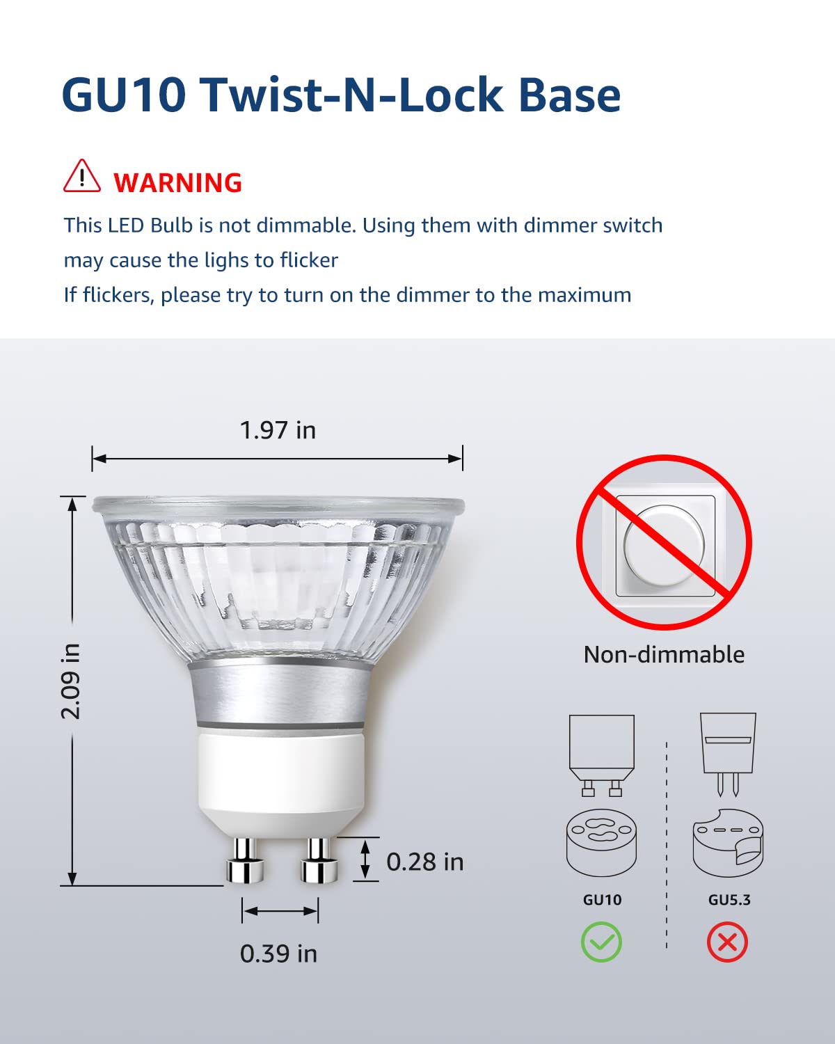 Lepro Non-Dimmable GU10 LED Light Bulbs, 2700K Soft Warm Light GU10 Bulb Replacement for Recessed Track Lights, 4W LED Bulbs with 100°Flood Beam for Kitchen, Range Hood, Living Room, Bedroom, 6 Pack