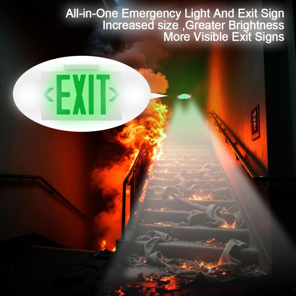Akt Lighting Emergency Exit Light, 2 Led Heads, Ul Certified, Green, 2 Pack, Thermoplastic, Model 2In1
