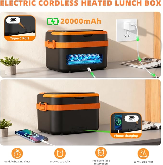 Cordless Electric Lunch Box,20000mAh Heated Lunch Box Rechargeable Battery Powered Self-Heating Food Warmer,1.5L Large Capacity Portable for Car,Work,Office,Travel,Picnic&Outdoor (Black & Orange)