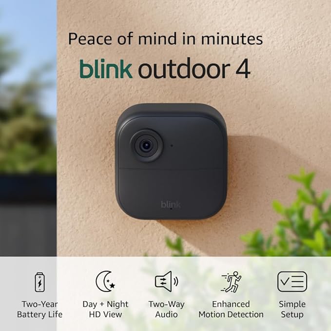 Blink Outdoor 4 – Wireless smart security camera, two-year battery life, 1080p HD day and infrared night live view, two-wa...