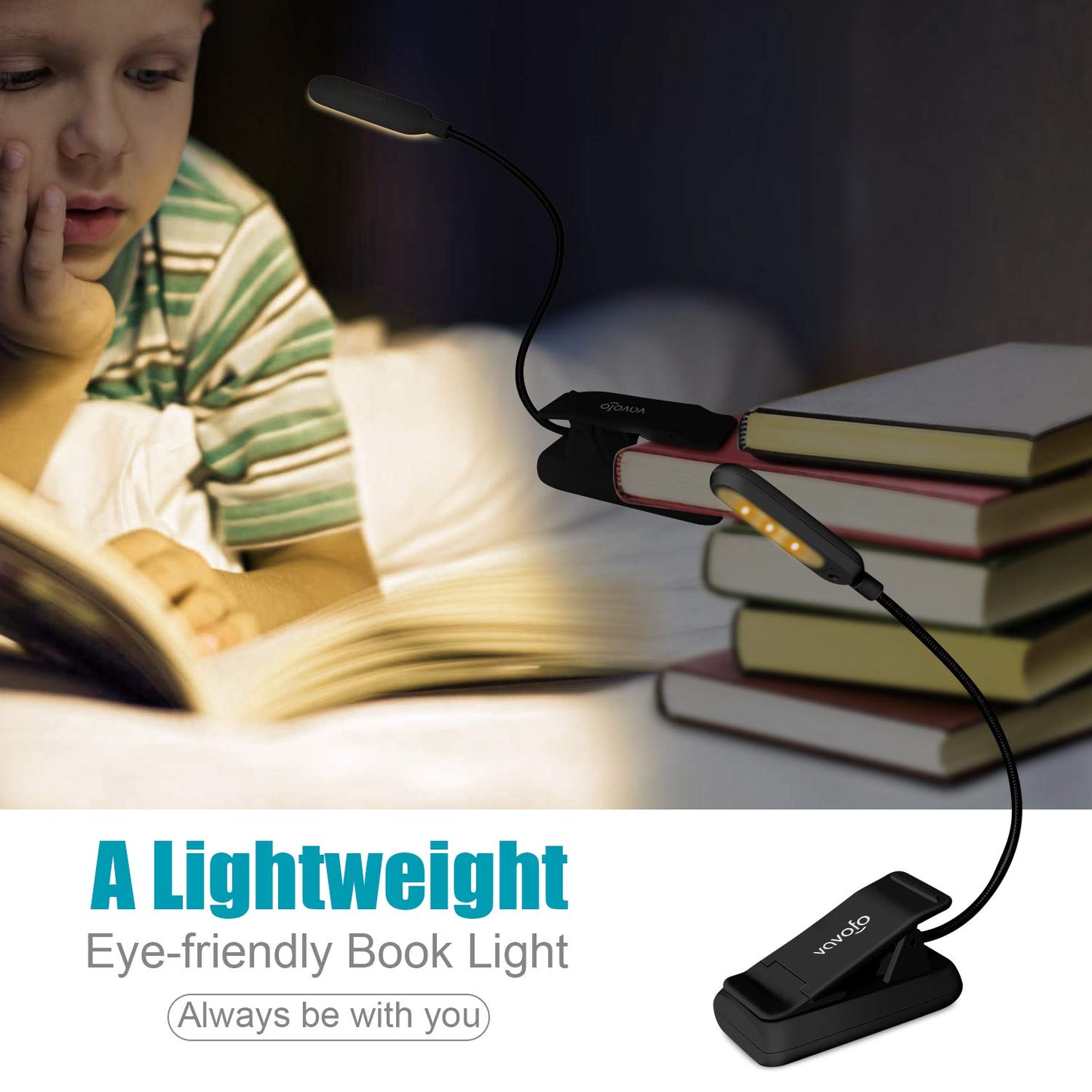 VAVOFO Clip On Reading Light, 7 LEDs, 3 Color Temperatures, 9 Brightness Levels, 2-Pack, Black, Model KM-6720