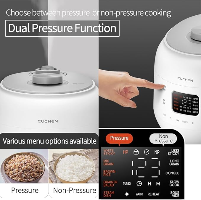 CUCHEN CRS-FWK0640WUS | Automatic Dual Heating Pressure Rice Cooker 6 Cup (Uncooked) (1.14 quarts): 6 person serving / per use | High/Non-Pressure | Triple Power Packing | Easy Open Handle | Stainless Cover | Auto Steam Clean | White