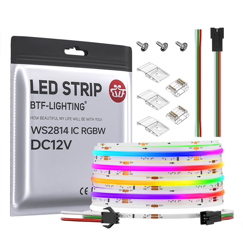 BTF-LIGHTING FCOB COB LED Strip WS2814 IC RGBW 6000K Flexible High Density Color Chasing Uniform Light 16.4FT DC12V 16IC/m 10mm Width for Home DIY Lighting Projects(No Adapter or Controller)