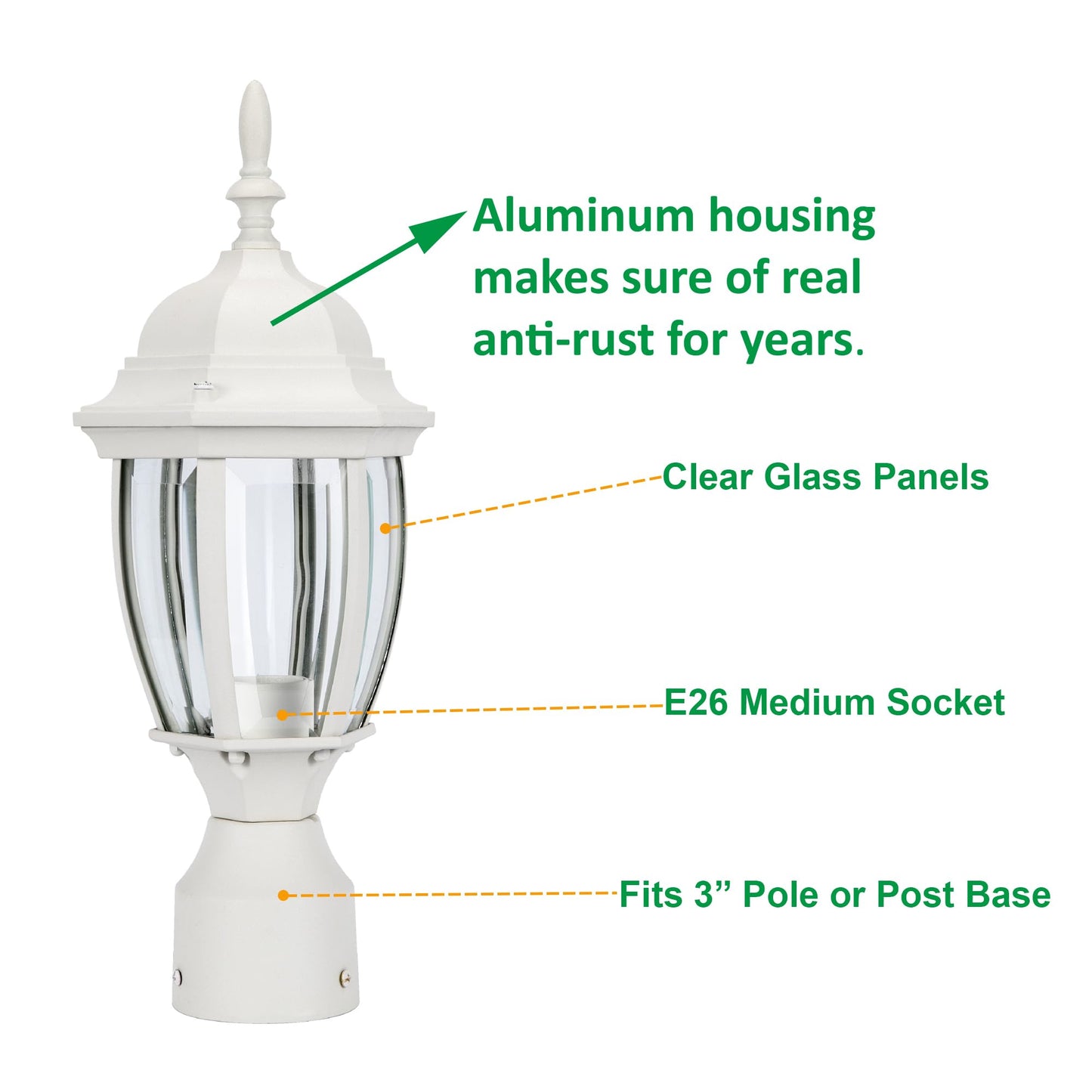 LIT-PaTH Outdoor Post Light Lantern Fixture, Aluminum, E26 Base Max 60W, Matte White Finish, Model LT-PL001, 1-Pack