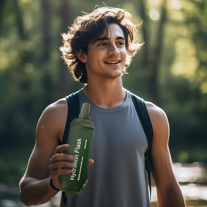 Green Soft Flask, TPU Foldable Running Hydration Flask, for Hydration Packs/Running Vests-Running, Hiking, Cycling Folding Bottle-17 oz (500 ml)