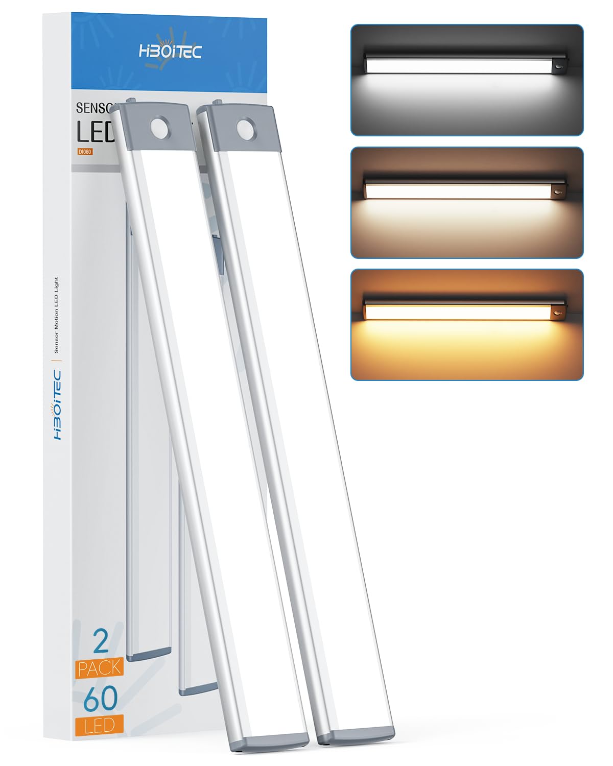 HIBOITEC LED Under Cabinet Lighting - 60 LEDs, Stepless Dimming, Motion Sensor, Plastic/Aluminum, 12.6inch, 2 Pack
