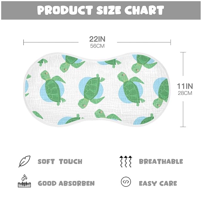 Muslin Baby Burp Cloths Set of 2, Soft Absorbent Sea Turtle Muslin Washcloths, Bibs, Face Towel for Newborn Boys Girls, 22 x 11 Inch