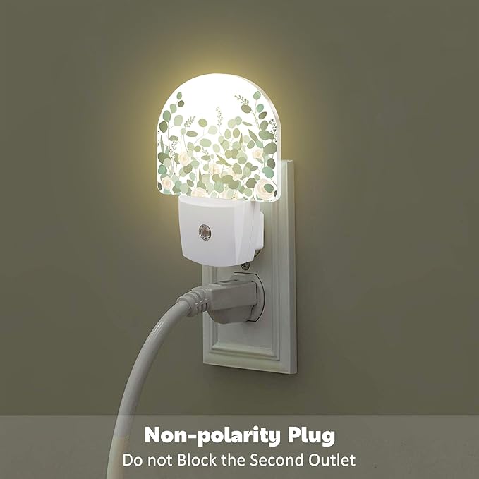 Green Eucalyptus and Rose Flowers Night Light for Kids,Watercolor Botanical Floral Leaves Night Light Plug in with Dusk to Dawn Sensor,0.5w Energy Saving S Nightlight for Boys Girls Home Decor