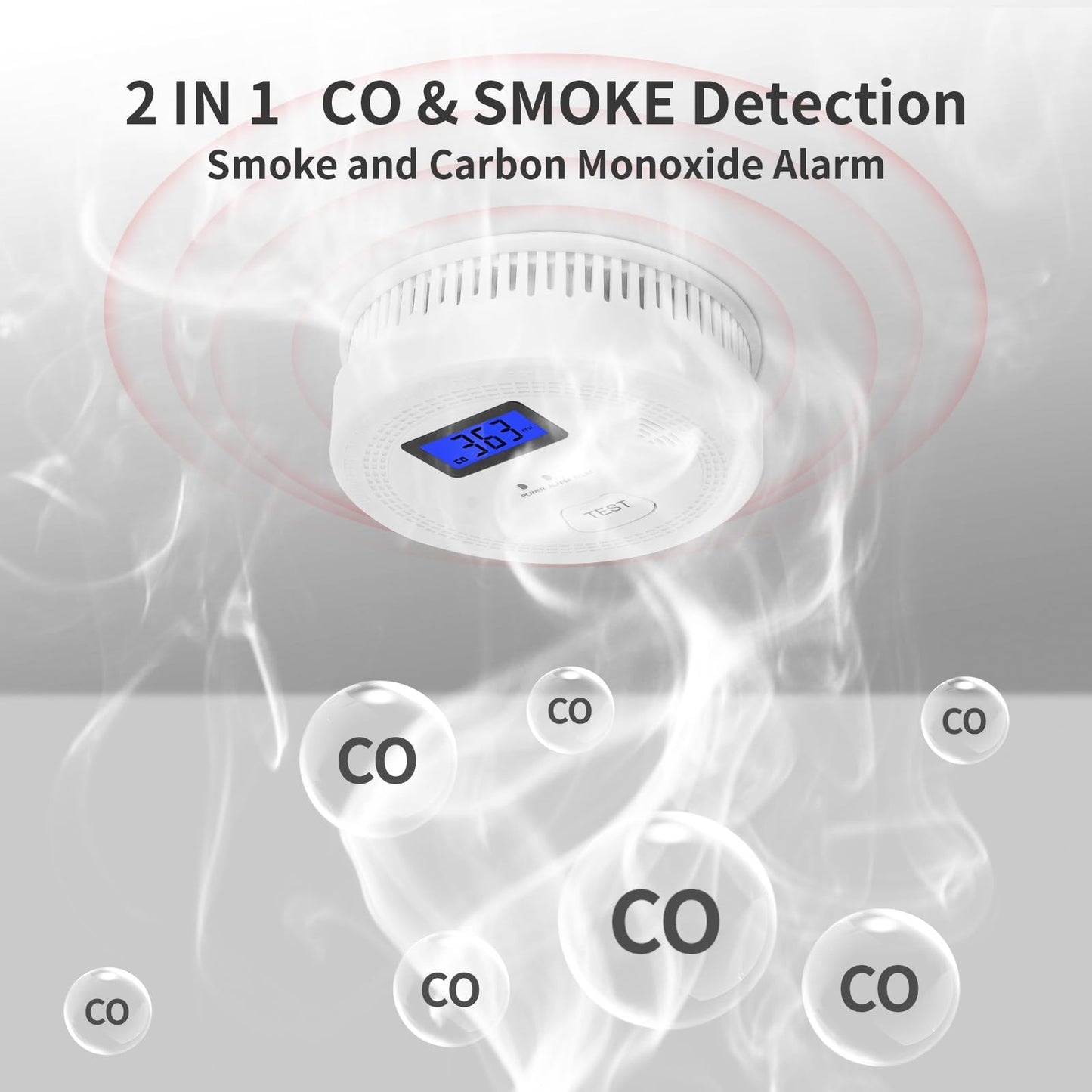 4-Pack,Smoke and Carbon Monoxide Detector,2 in 1 CO & Smoke Alarm,Carbon Monoxide Detectors,Smoke Detector,85dB in Alarm,LCD Screen,Easy to Install