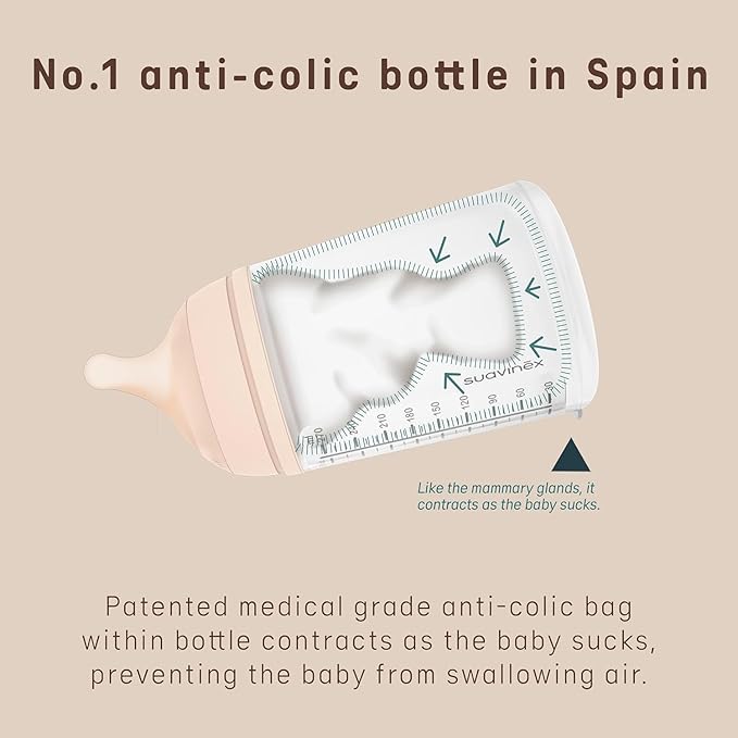 Suavinex Zero Zero Anti Colic Baby Bottle, No 1 Spanish Baby Bottle Brand, Minimizes Bottle Rejection & Nipple Confusion, Perfect for Combo Feeding, 2pk, 6oz/180mL, Light Tone, Adaptable Flow Nipple