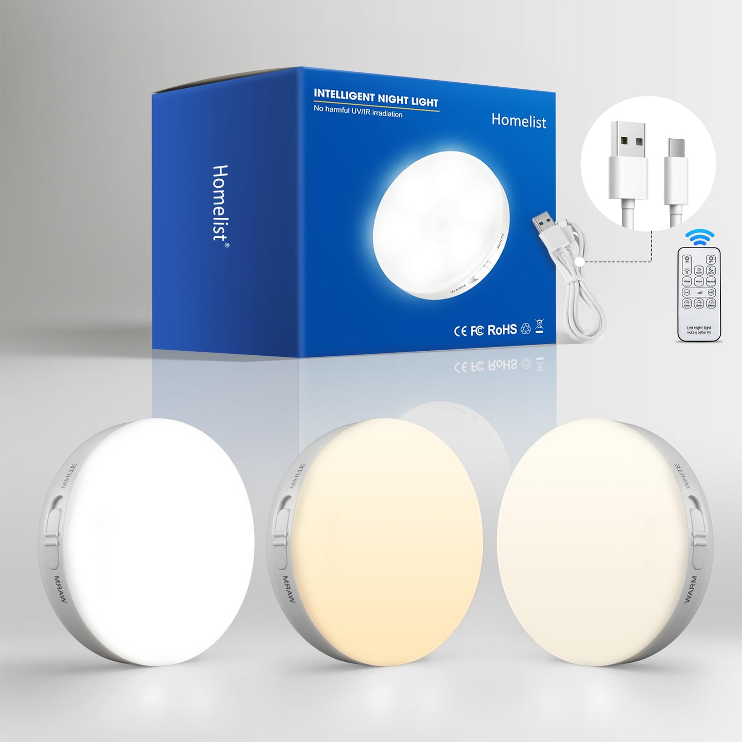 Homelist Rechargeable Puck Light with Remote, Motion Sensor, LED, 3 Color Temps, Model XD037-KJ, 3 Pack