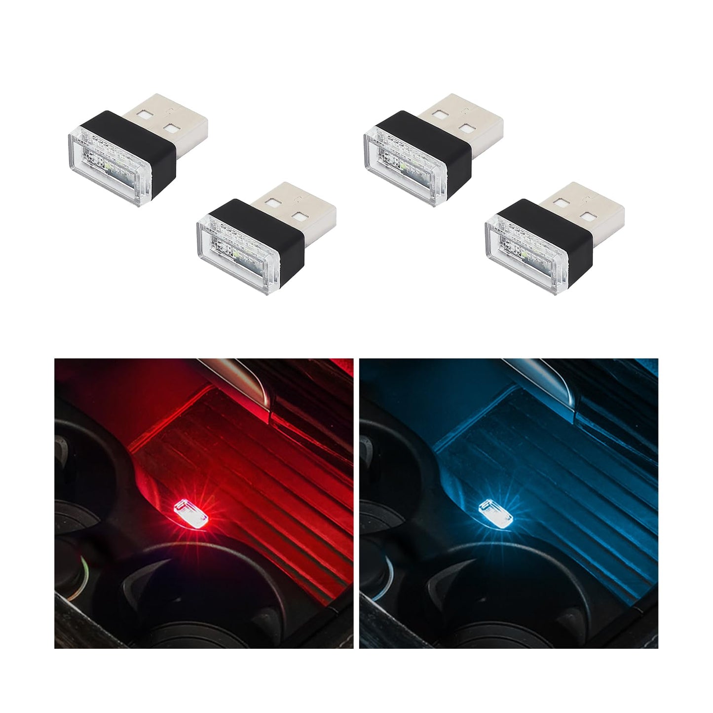 Augeny Usb Led Car Interior Atmosphere Lamp Kit - 4 Pcs Portable Night Light, 2 Red + 2 Ice Blue, Universal Vehicle Accessories