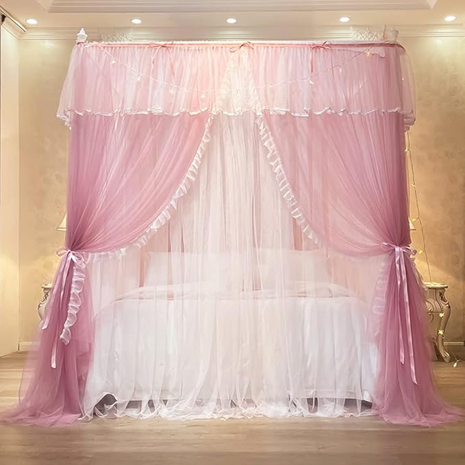Mengersi Canopy Bed Curtains with Lights,4 Corner Bed Canopy Royal Luxurious Bed Drapes Netting,Princess Bed Curtains for Girls Adults Bedroom Decoration (Pink, California King)