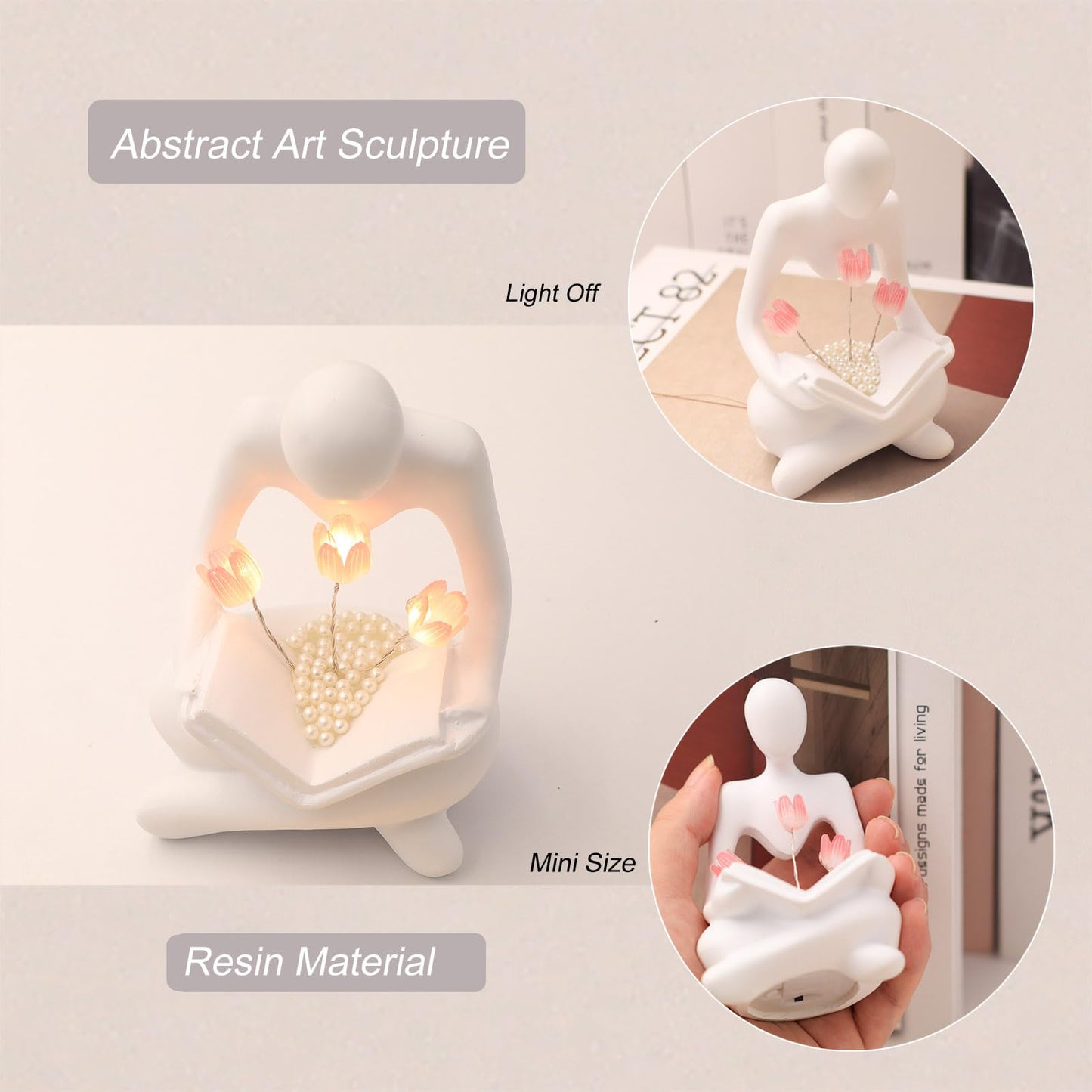 Itownkn Reading Sculptures Tulip Lamp Thinker Statue Figurine Battery Powered Night Light Modern Abstract Home Decoration  Living Room Bookshelf Office Shelves Desk Decor Aesthetic Gift
