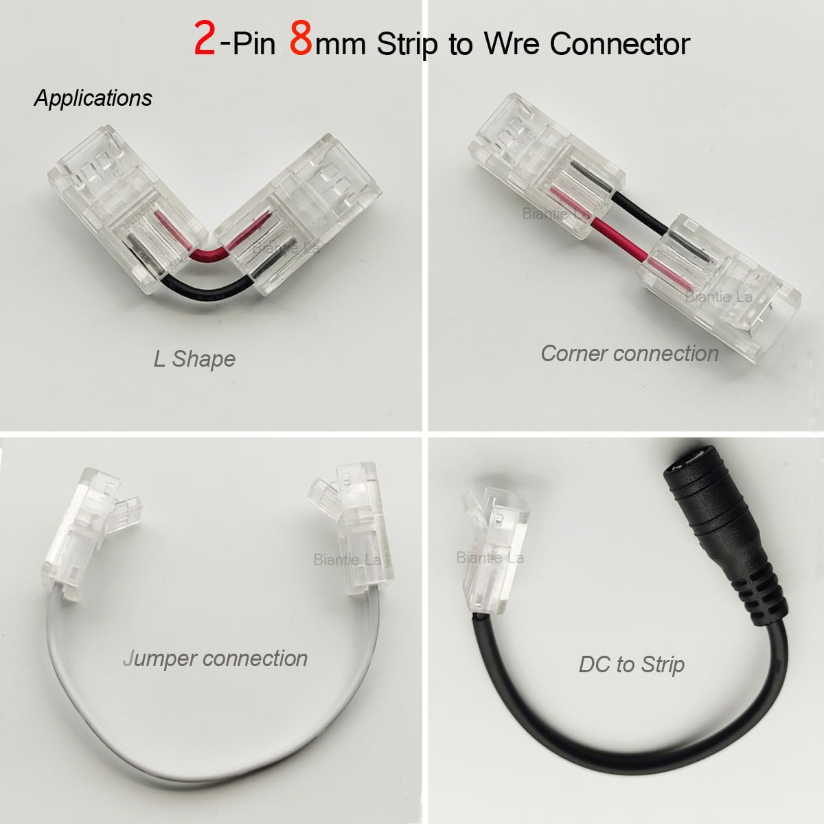 Biantie La 2-Pin COB LED Strip Connector Solderless Adapter Terminal, Model BL-TZ, 12V/24V, Pack of 10