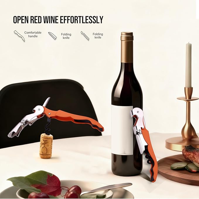 Soft Velvet Touch Waiters Double Hinge Corkscrew Wine Key Bottle Opener，Heavy Duty Waiter Corkscrew, Foil cutter and Bottle Opener,2-pack (2, Orange)