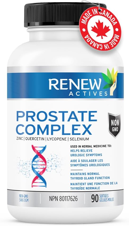 Renew Actives Prostate Complex 2 Softgels per Serving – Men's Wellness for Prostate, Thyroid, Immune & Eye Health – Antioxidant Support for Vitality & Performance – Made in Canada - 90 Softgels