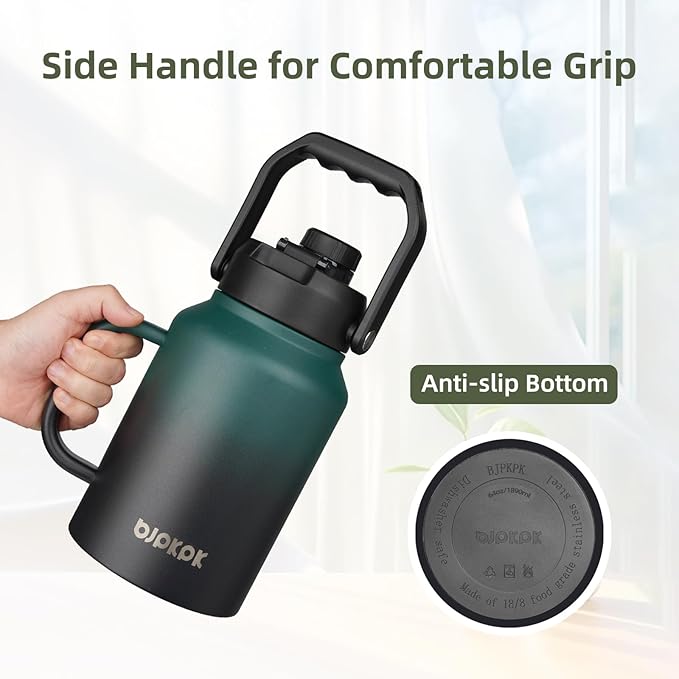 BJPKPK 64oz Insulated Water Bottle with Handle, Large Dishwasher Safe Half Gallon Water Bottle, BPA Free Water Jug, Wide Mouth Metal Flasks with Anti-slip Bottom, Keep Cold & Hot, Black