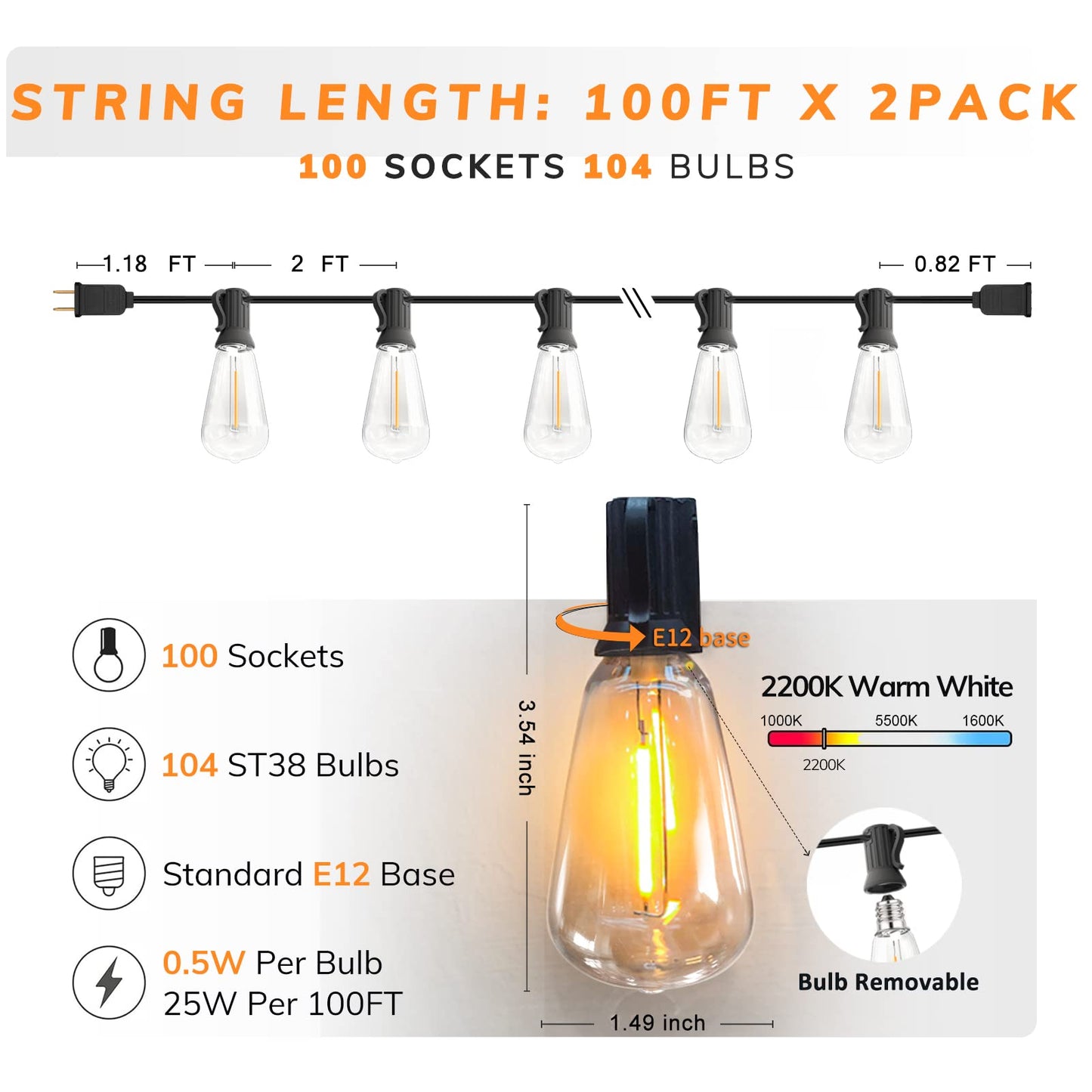 Achin Outdoor String Lights 200FT, 104 Shatterproof ST38 Bulbs, LED Dimmable, Warm 2200K, Waterproof, Black