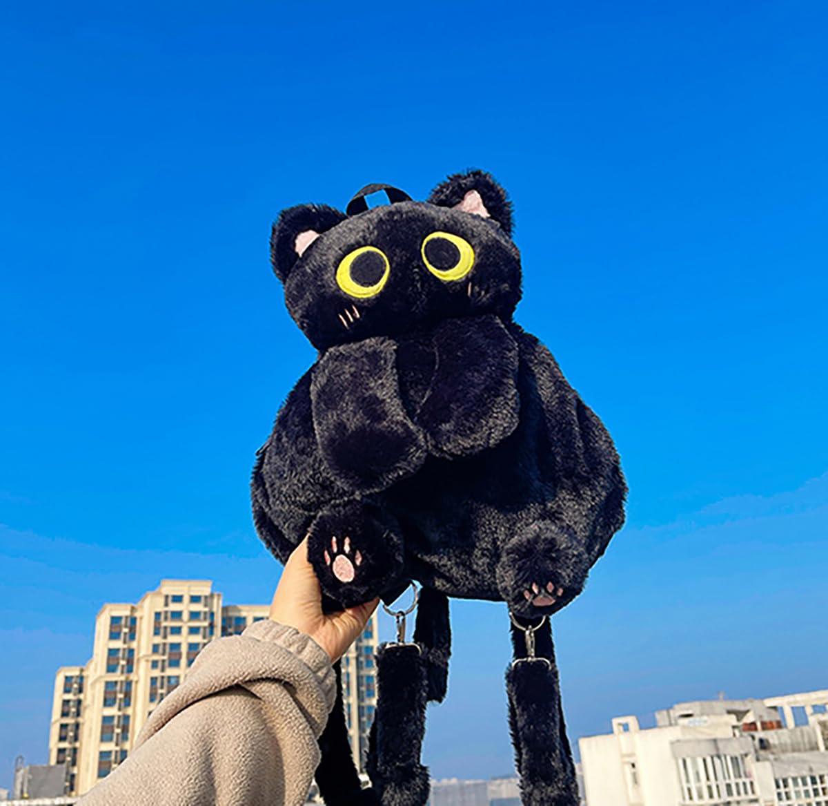 IYOOCSS Girls Black Cat Plush Backpack – Stuffed Animal Cat Bag with Adjustable Straps, Perfect for Birthday Travel & Gifts (Black Cat)