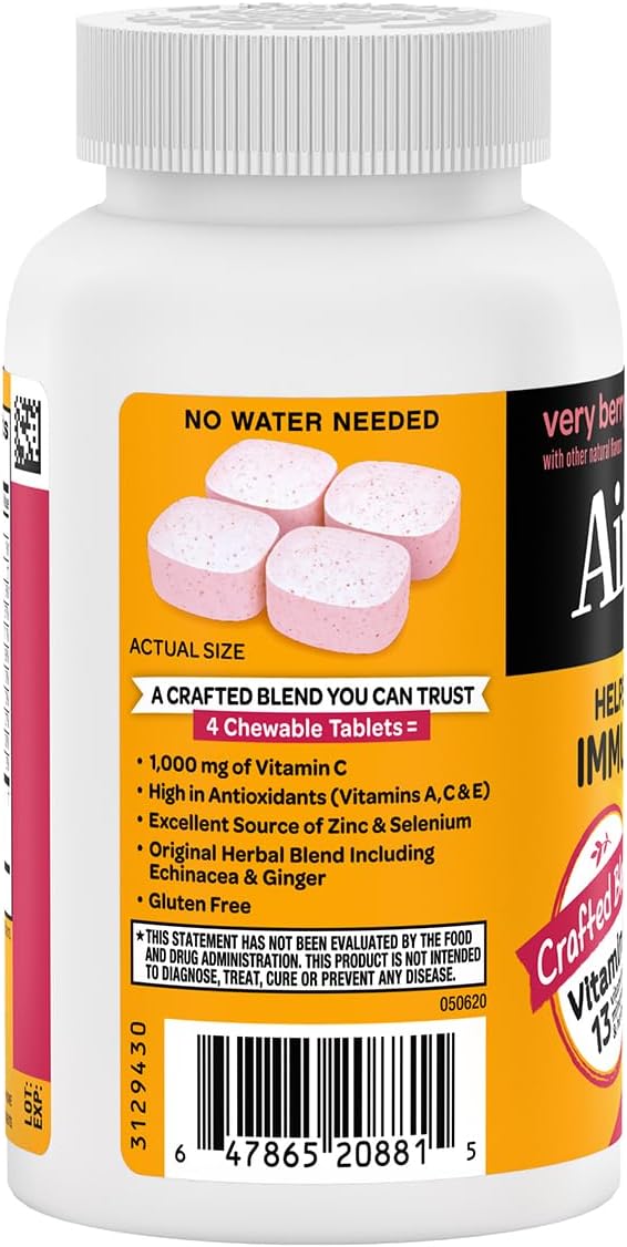 Airborne 1000mg Vitamin C + Zinc Immune Support Supplement Chewable Tablets, Very Berry Flavor with Powerful Antioxidants Vitamins A C & E, 116 Chewable Tablets (2 Pack)