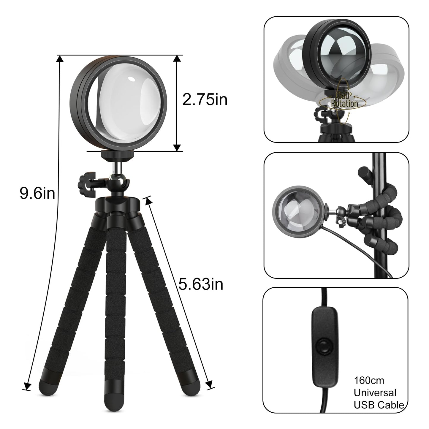 XEBKOR Sunset Lamp Projector T6, 360? Rotation LED Night Light, Aluminum, Sunset Red