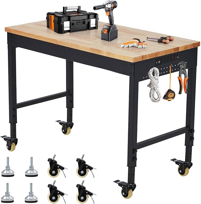 48'' Adjustable Workbench on Wheels, 2000LBS Heavy Duty Worktable with Power Outlets & Drawers & Pegboard, Rubberwood Workstation for Workshop, Garage, Office, Home